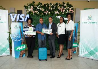 Wazeer Khan at the prize-giving ceremony with First Citizens (centre) Jason Julien, (l-r) Avril Edwards - General Manager - Digital and Electronic Services and Cherelle Mapp-Ferguson - Manager - Business Development, and Visa Representative, Ayanna Mc Clean - Caribbean Consumer & Client Marketing Manager.