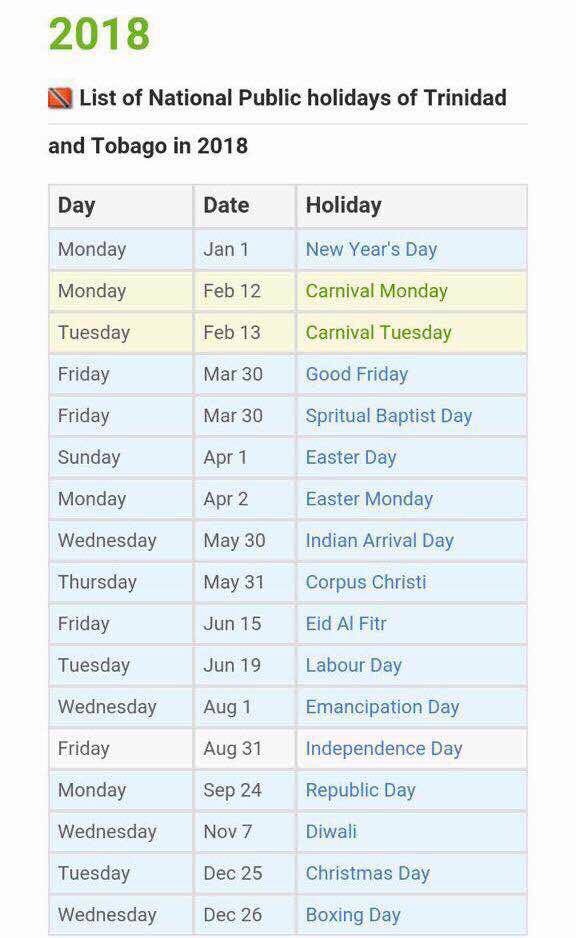 Public Holidays Trinidad 2022 2024 Calendar Printable 7386